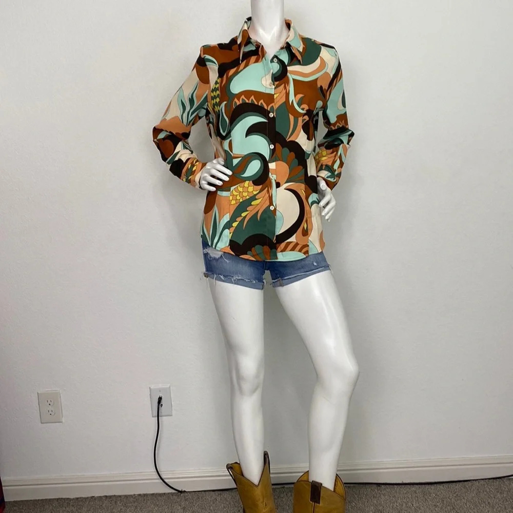 Mango Vintage Inspired Retro Bohemian Coachella Multicolor Button Down Top Sz.8